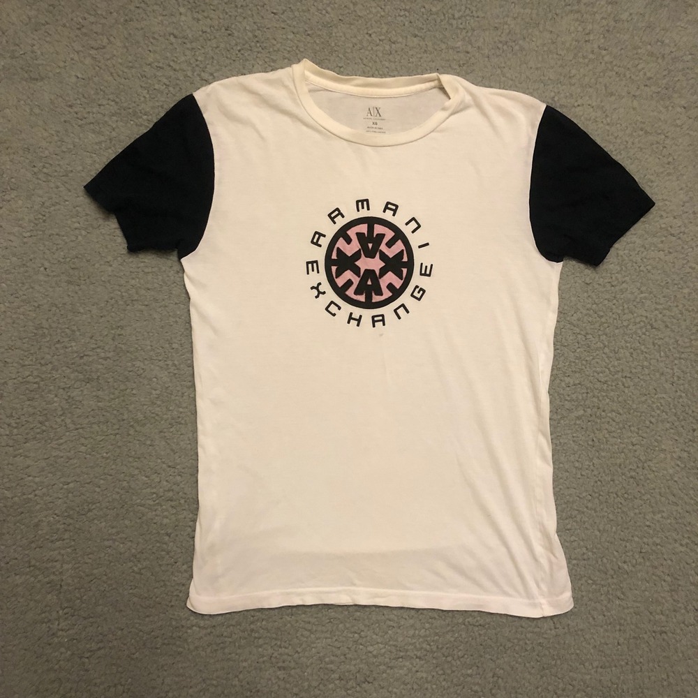 Armani Exchange Mens XS White Pima Cotton Graphic Logo T-Shirt Contrast Sleeve